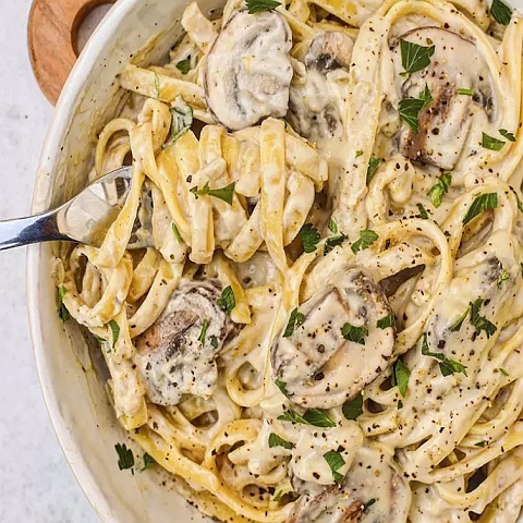 Fettuccini with creamy Alfredo and Gorlic Mushroom
