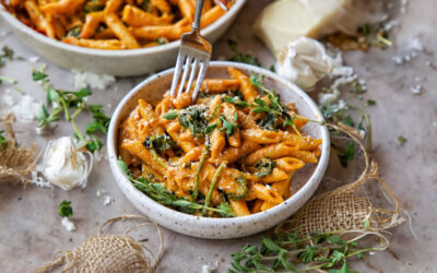 Green Lentil Flour Pasta with Creamy Tomato Sauce and Spinach