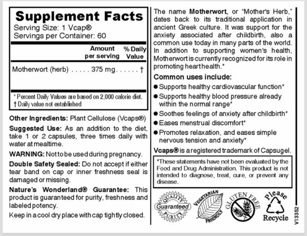 NATURES WONDERLAND MOTHERWORT HERB  60 VCAPS - Image 2