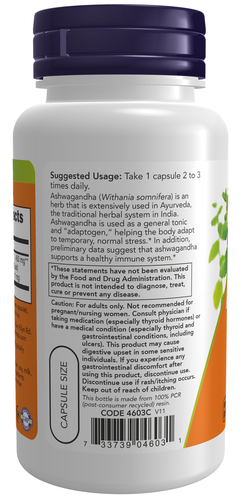 NOW Ashwagandha Extract 450mg 90 Vcaps - Image 3