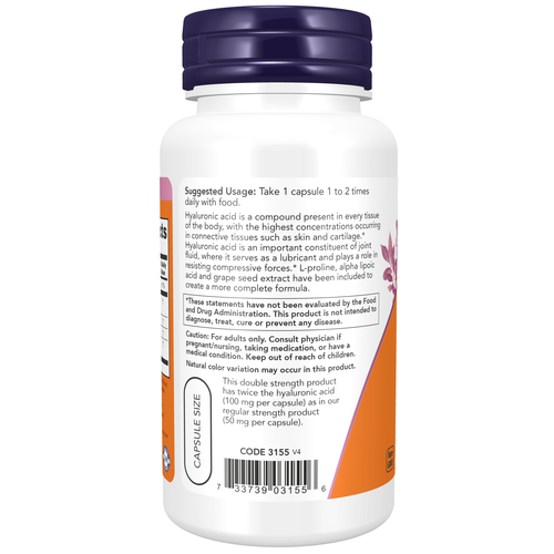 NOW Hyaluronic Acid 100mg 2X Plus 60 Vcaps - Image 3