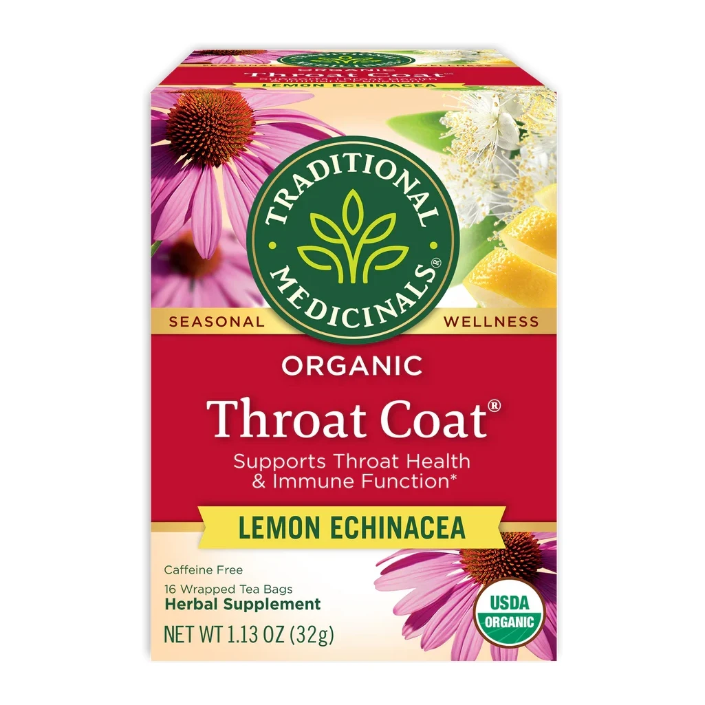 Traditional Medicinals Tea Throat Coat Lemon Echinacea Caffeine Free 16 Bags