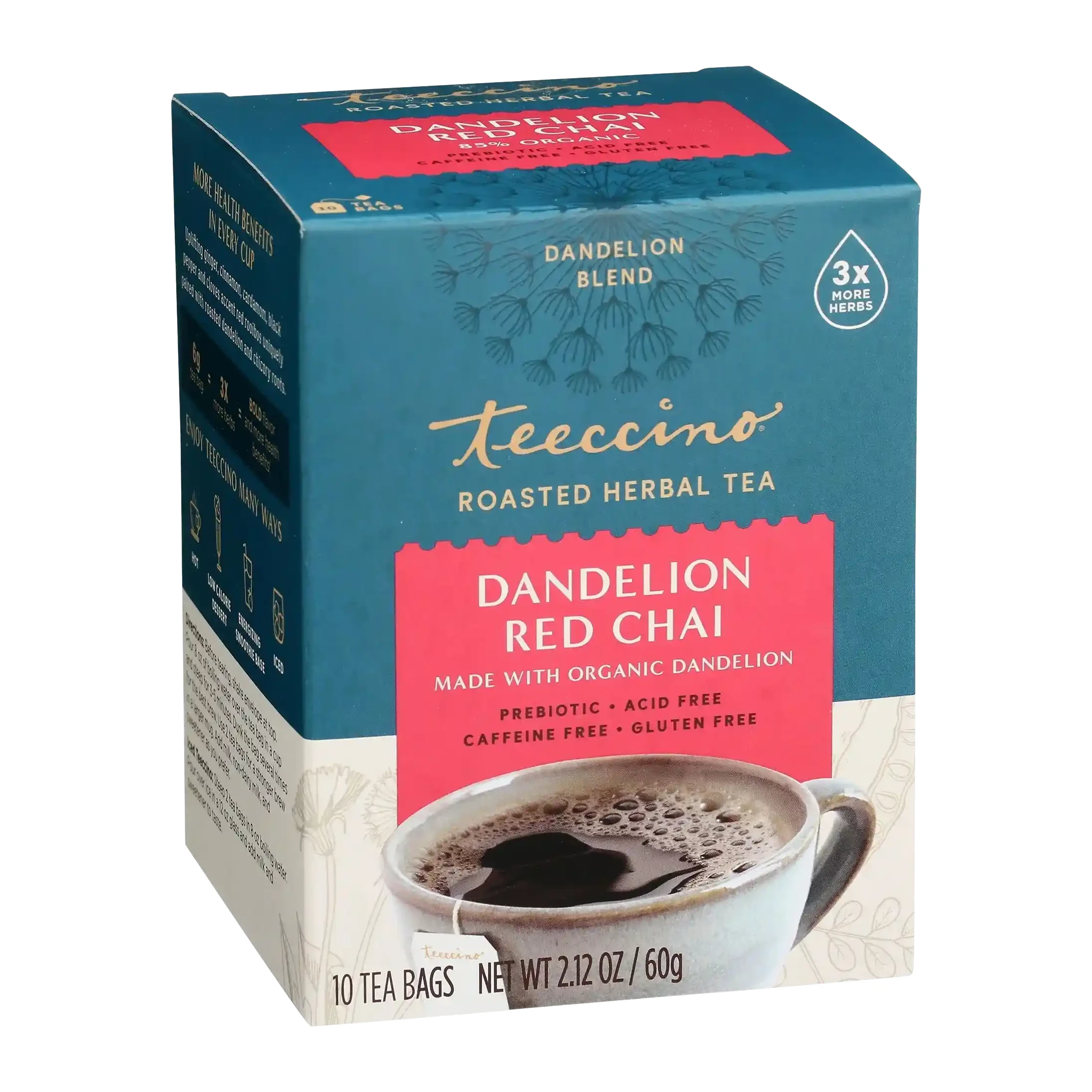 Teeccino Dandelion Red Chai Tea, Caffeine-Free/Acid-Free 10 Bags
