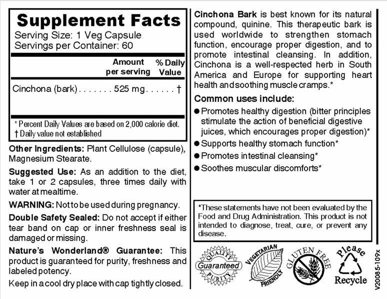 Nature's Wonderland Cinchona Bark 60 Vcaps 525mg - Image 2