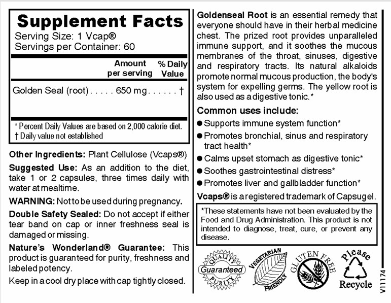 Nature's Wonderland Goldenseal Root 60 Vcaps 650mg - Image 2