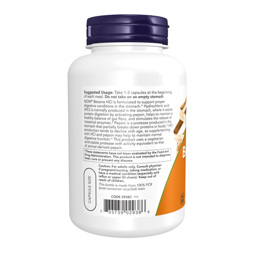 NOW Betaine HCL 648 mg 120 Caps - Image 3